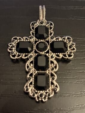Vintage large Black Rhinestone Cross Pendant Silver Tone
